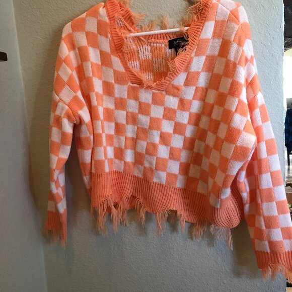 JUST POLLY Womans Checkered white and orange sweater V NECK SIZE M - Picture 5 of 5
